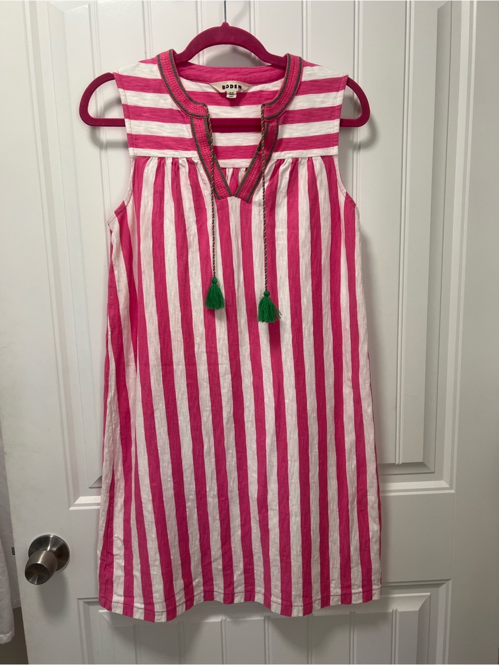 BODEN Striped Pink & White Sleeveless Dress with Tassel Detail